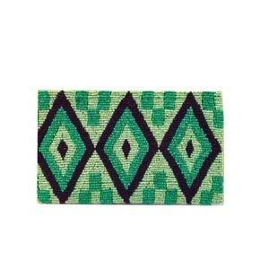 NWOT Hand Beaded Geo Wristlet Bag in Green/Brown